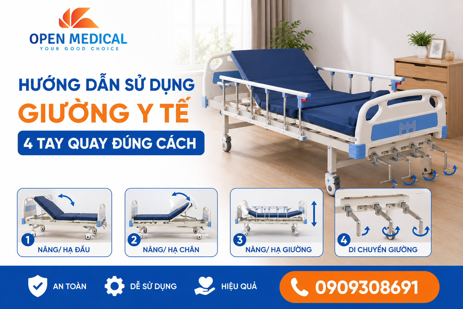 Hướng dẫn sử dụng giường y tế 4 tay quay đúng cách: Bí Quyết An Tâm Tuyệt Đối